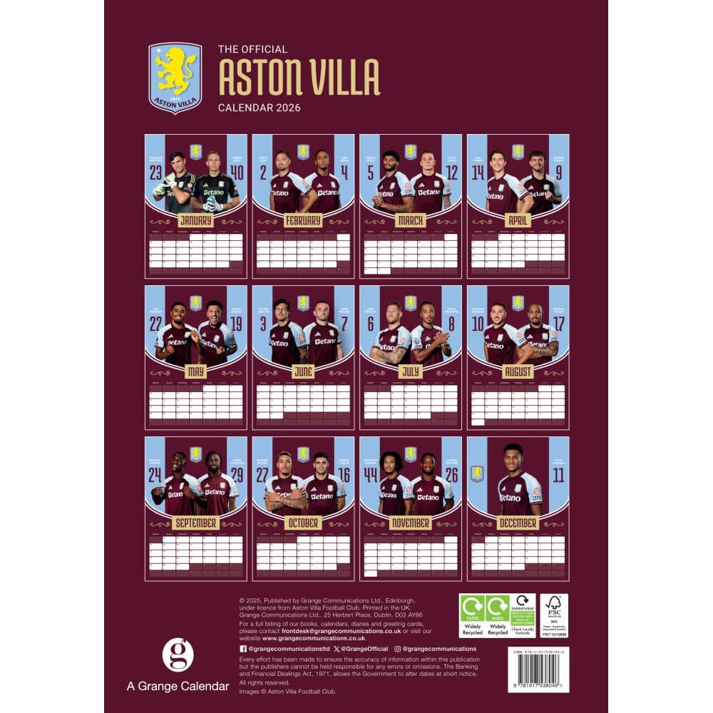 Aston Villa FC Poster 2026 Wall Calendar First Alternate Image