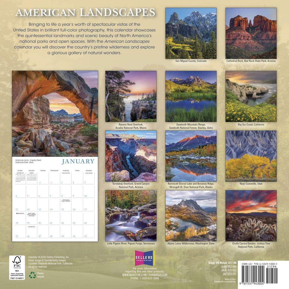 American Landscape 2026 Wall Calendar, 12'' X 12'', 16-Month Calendar with Stapled Binding