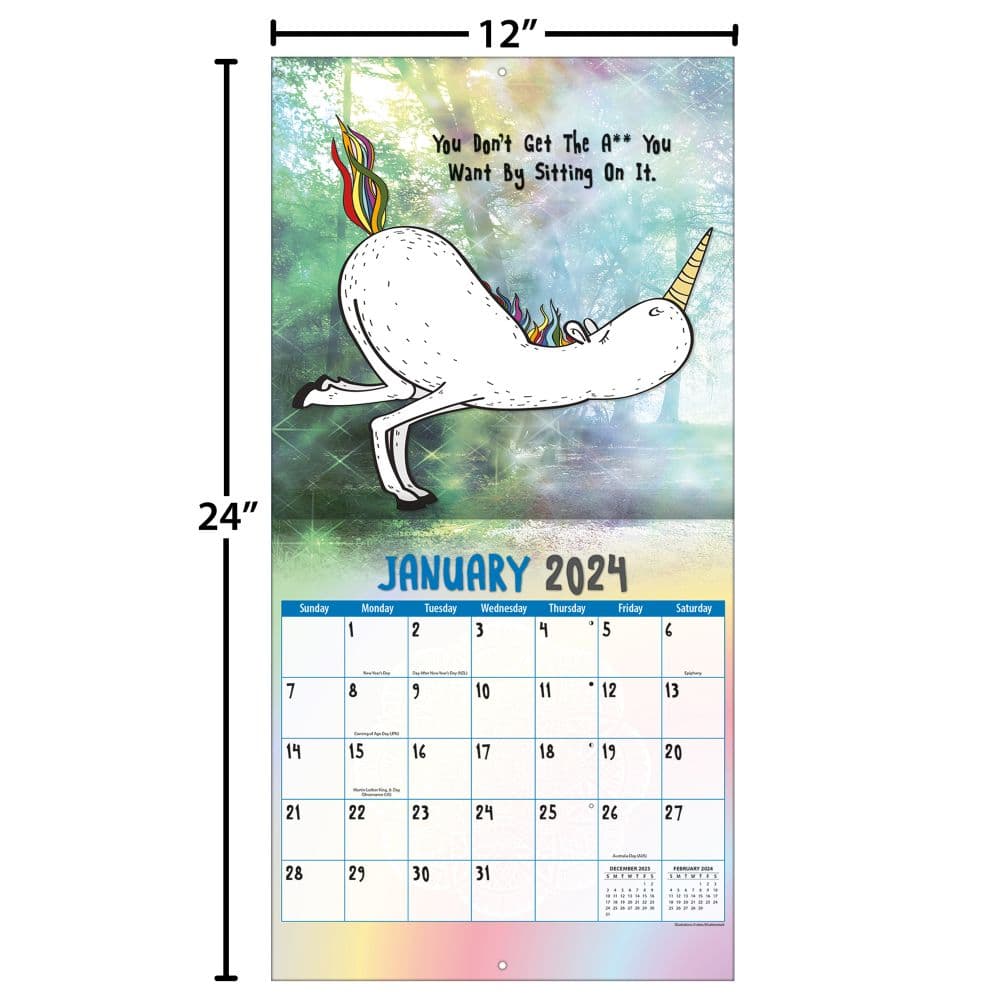 Unicorn Yoga 2024 Wall Calendar size ruler
