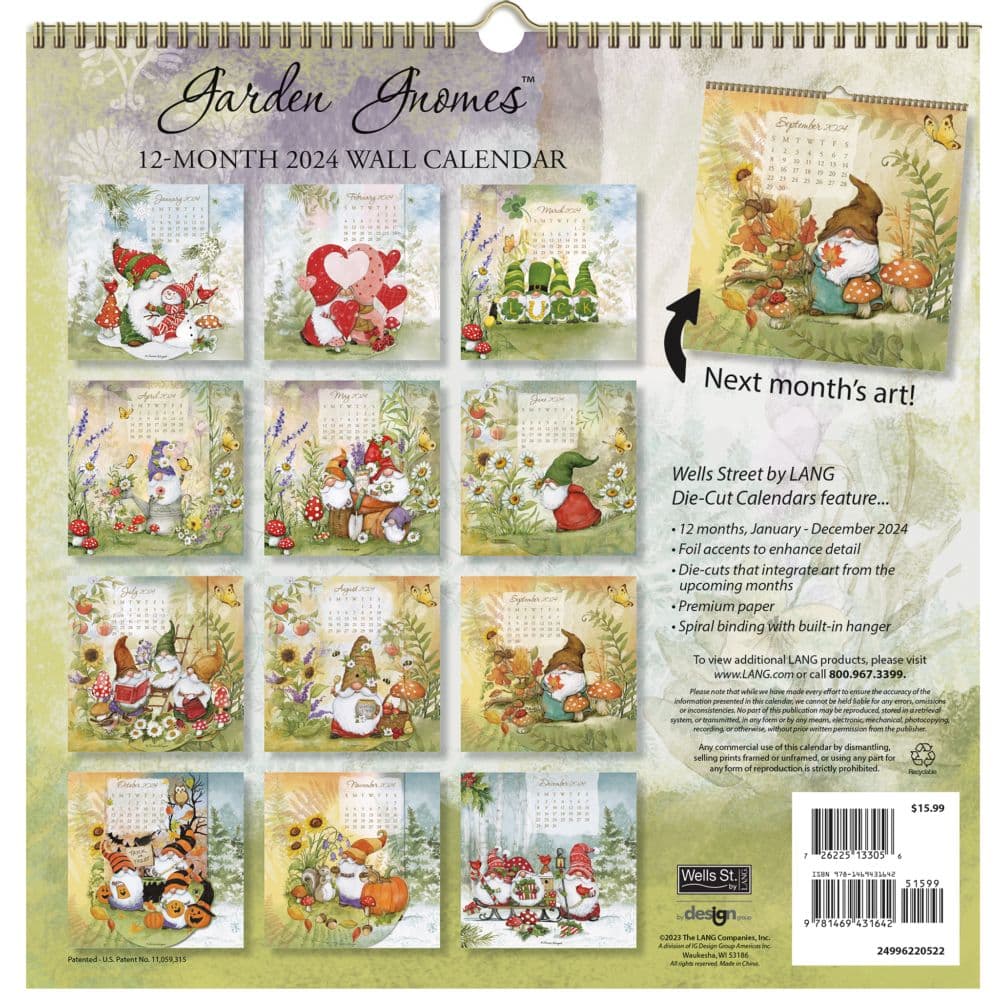 Garden Gnomes Die Cut Spiral 2024 Wall Calendar