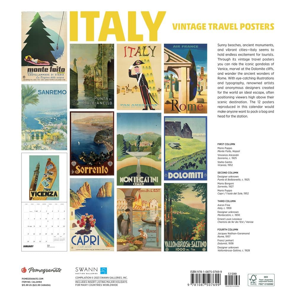 Italy Vintage Travel 2024 Wall Calendar - Calendars.com