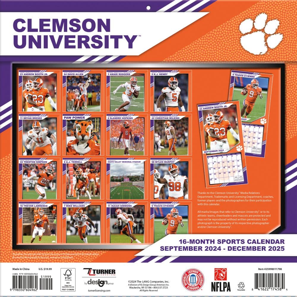 Clemson Tigers 2025 Wall Calendar