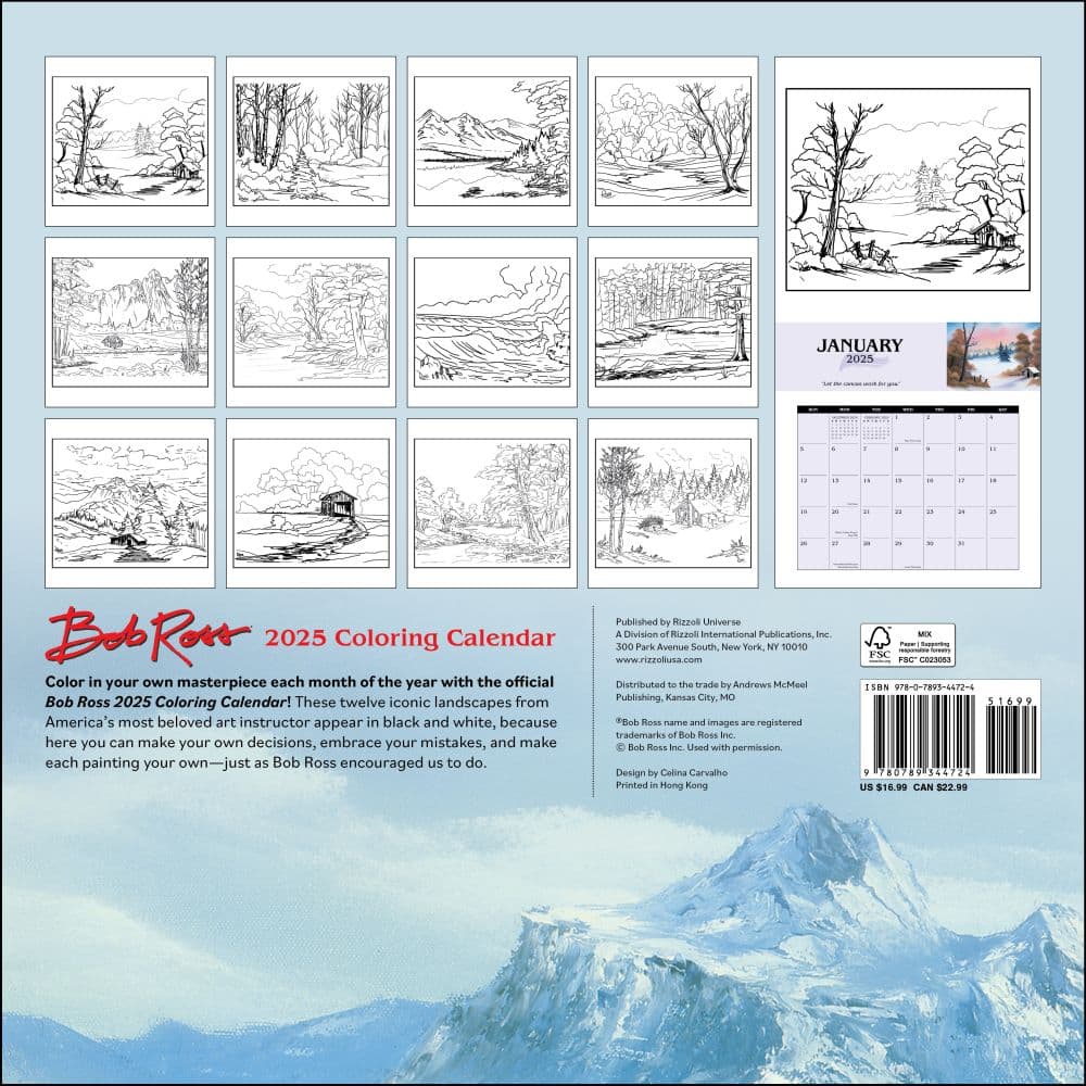 Bob Ross Coloring 2025 Wall Calendar