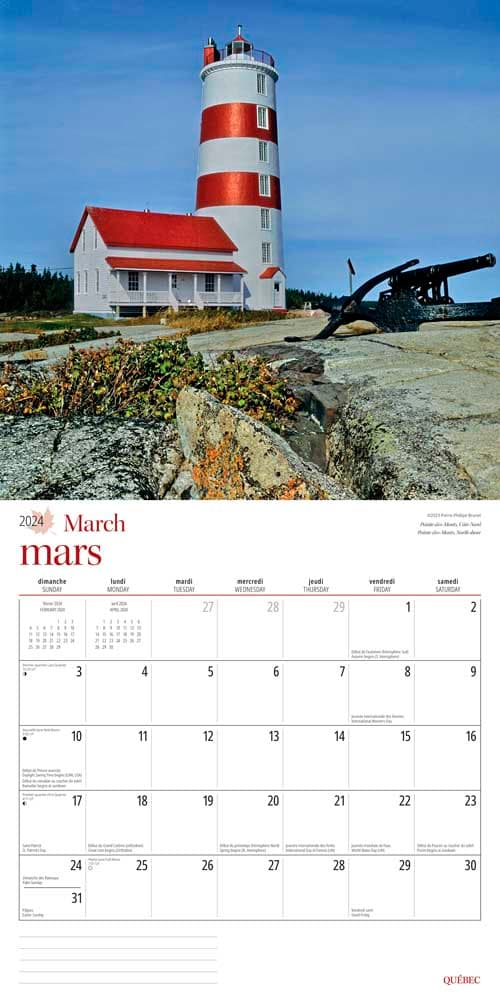 Quebec 2024 Wall Calendar March