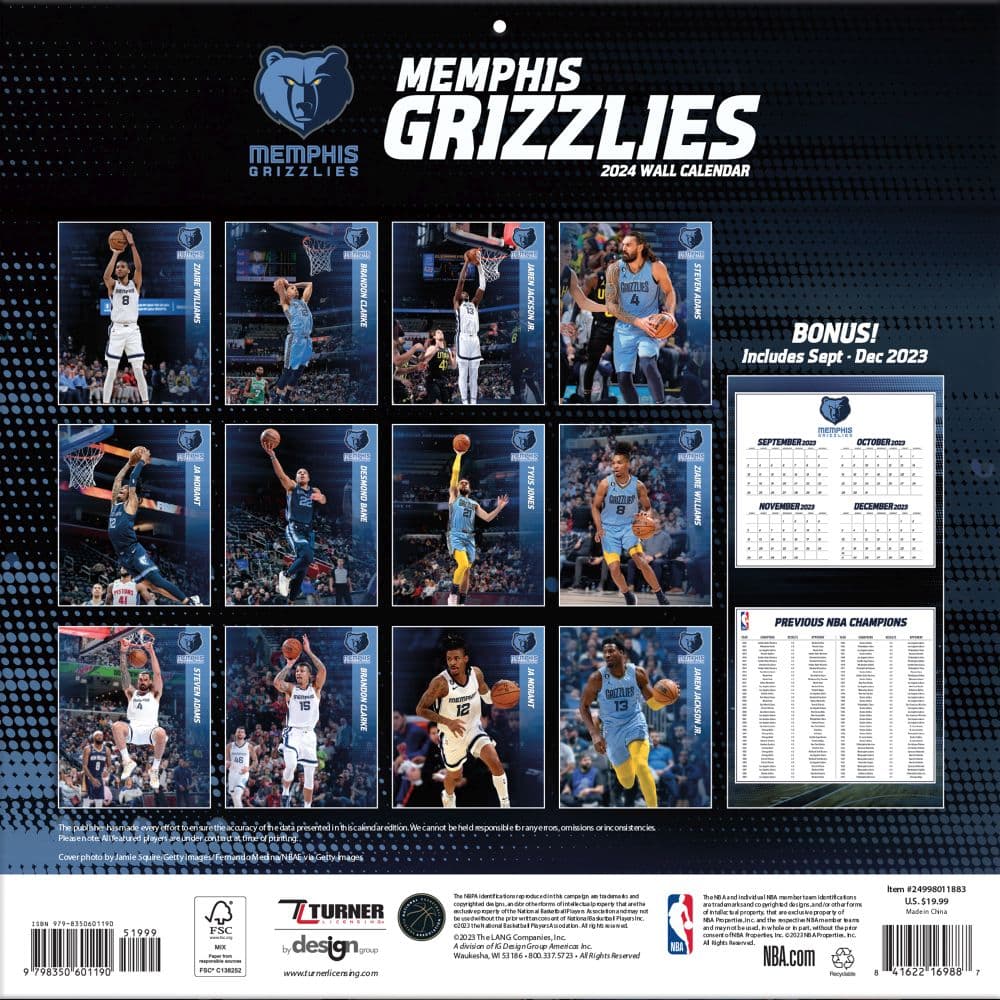 Memphis Grizzlies 2024 Wall Calendar