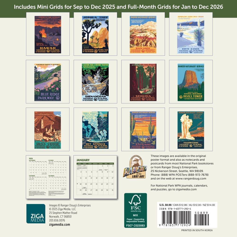 National Parks Poster Art WPA 2026 Mini Wall Calendar, 7'' X 7'', 16-Month Calendar with Stapled Binding