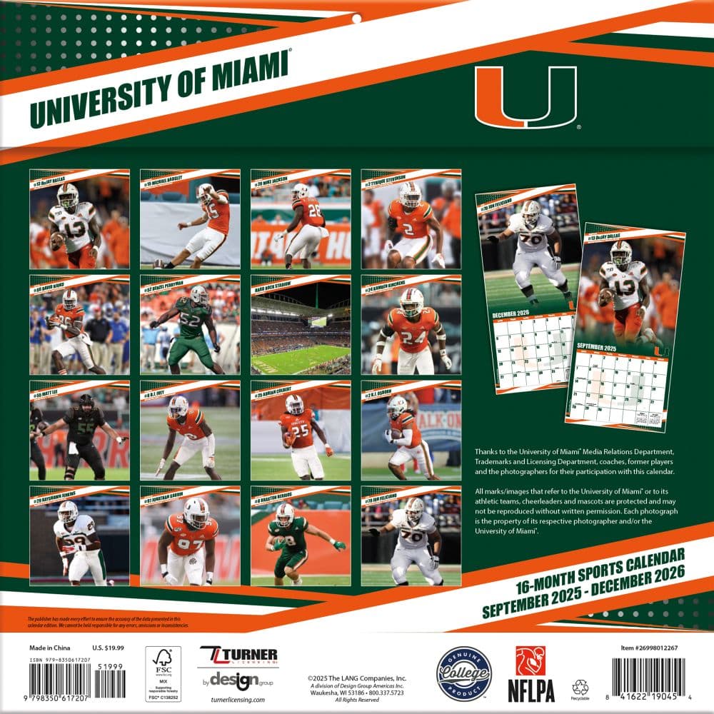 Miami Hurricanes 2026 Wall Calendar First Alternate Image