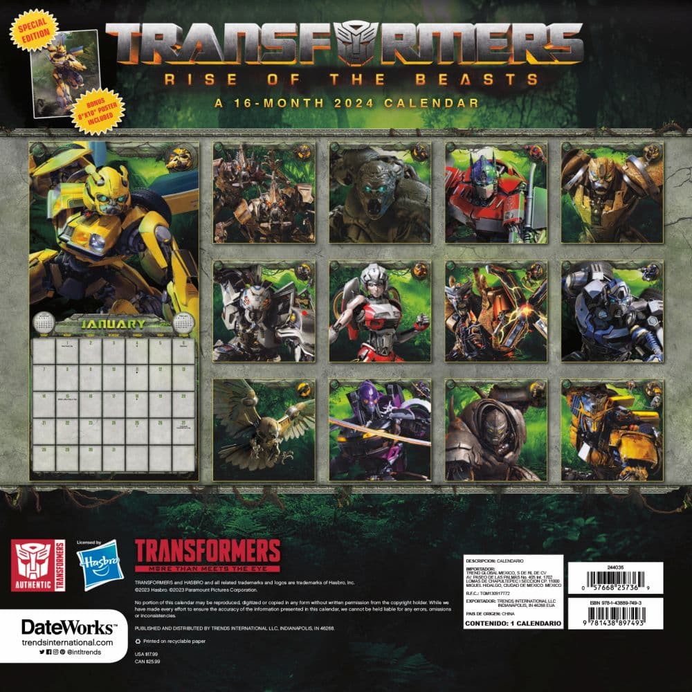 Transformers Rise 2024 Wall Calendar Exclusive with Print