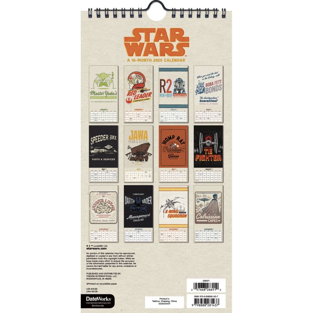 Star Wars 2025 Slim Wall Calendar Alt1