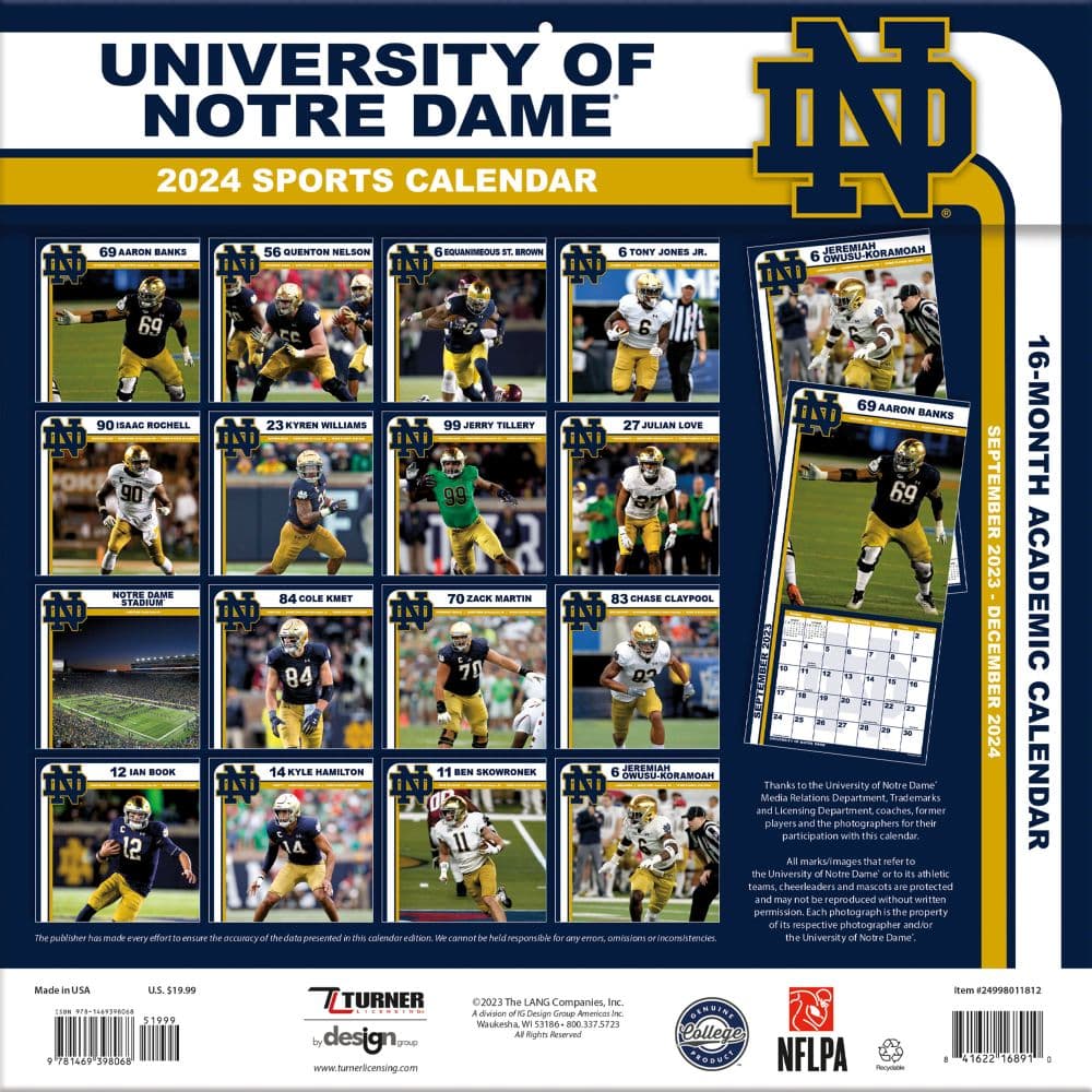 COL Notre Dame Fighting Irish 2024 Wall Calendar