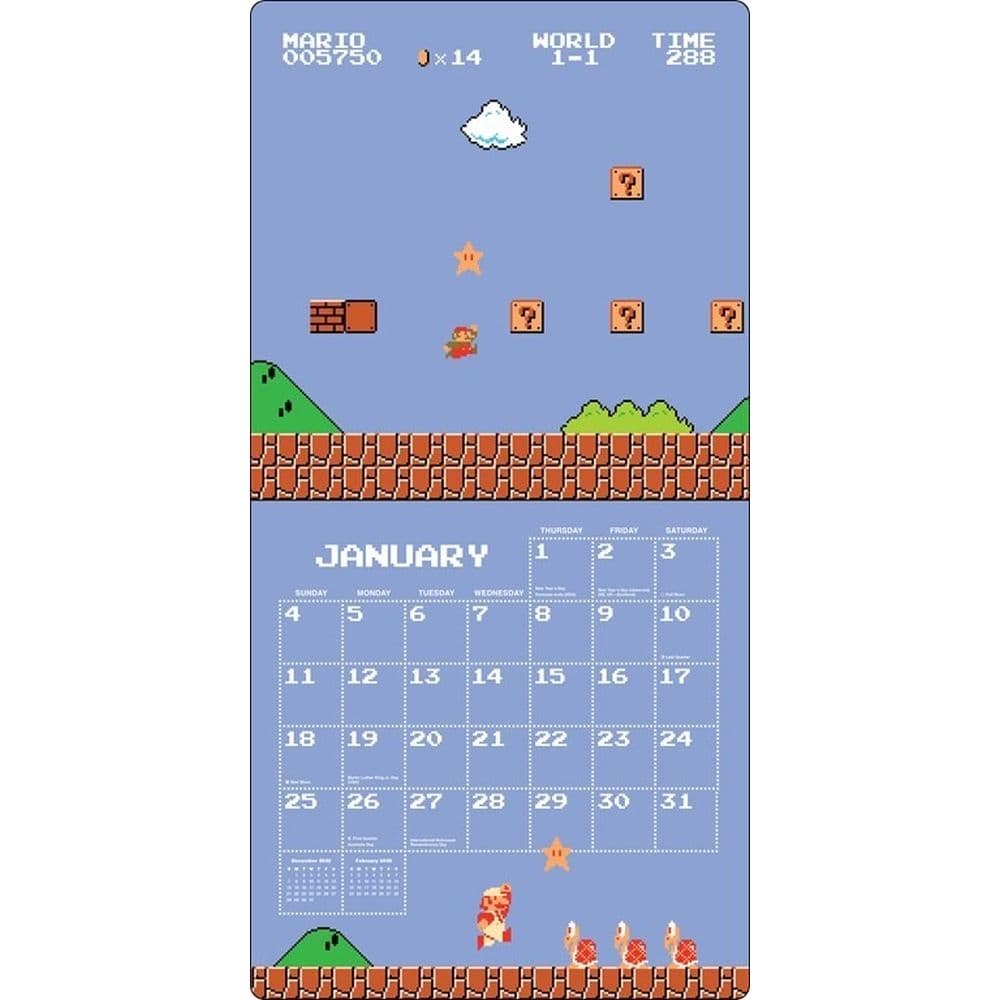 Super Mario Bros 8 Bit Pixel Art Retro 2026 Wall Calendar Second Alternate Image