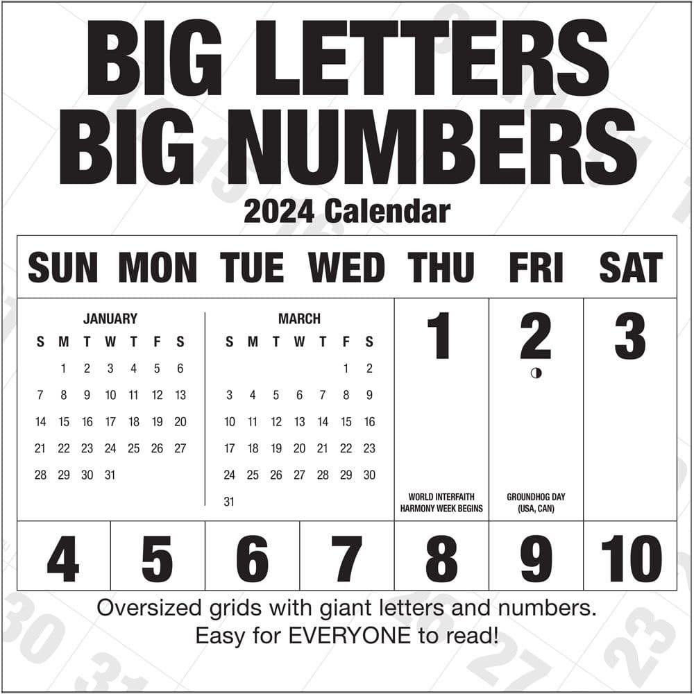 Big Letters Big Numbers Calendar 2024 Dasie Emmalyn