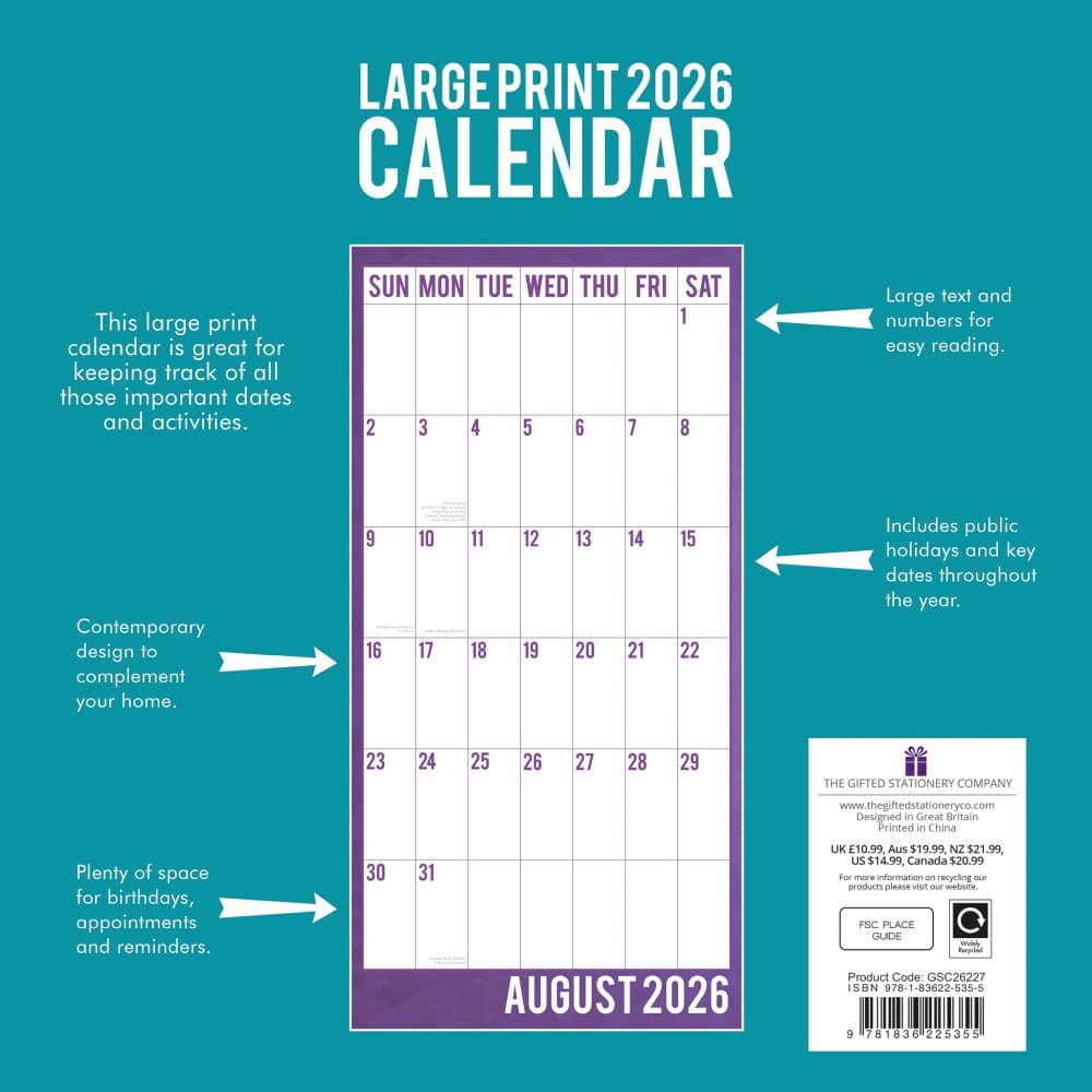 Large Print 2026 Wall Calendar First Alternate Image
