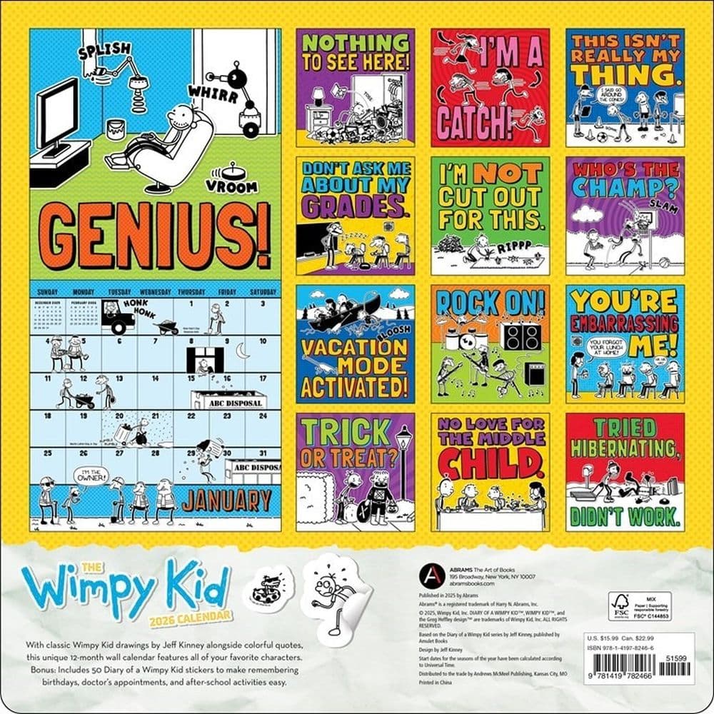 Wimpy Kid Jeff Kinney 2026 Wall Calendar First Alternate Image
