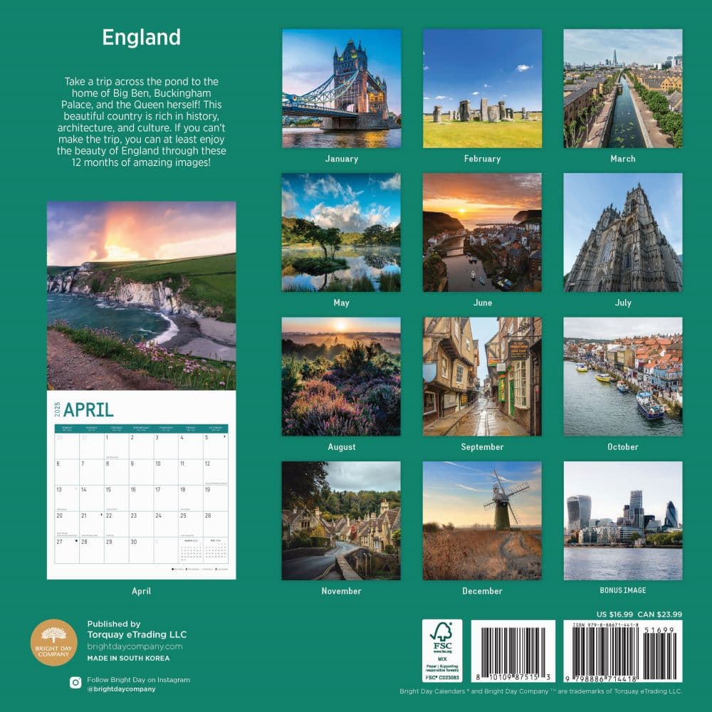 England 2025 Wall Calendar
