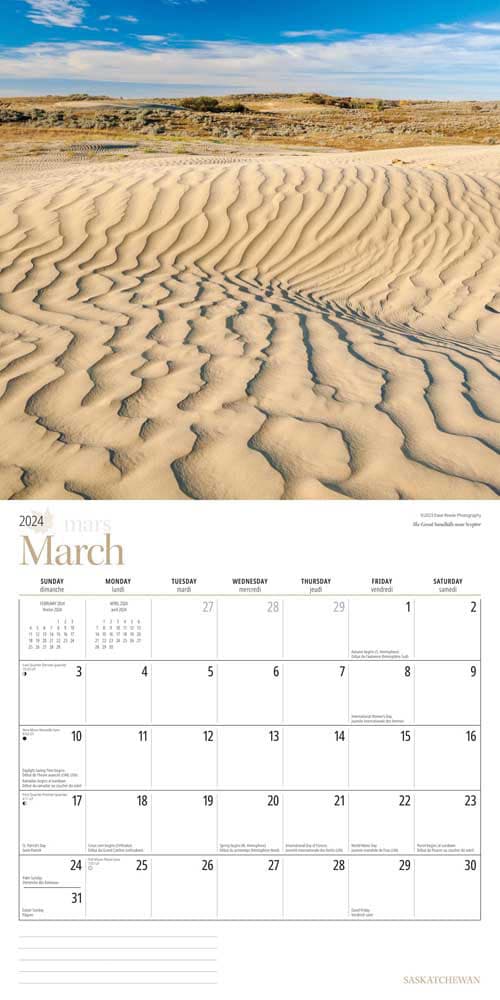 Saskatchewan 2024 Wall Calendar March