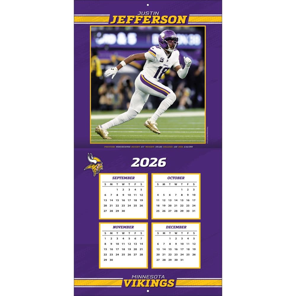 NFL Minnesota Vikings Justin Jefferson 2027 Wall Calendar Second Alternate Image
