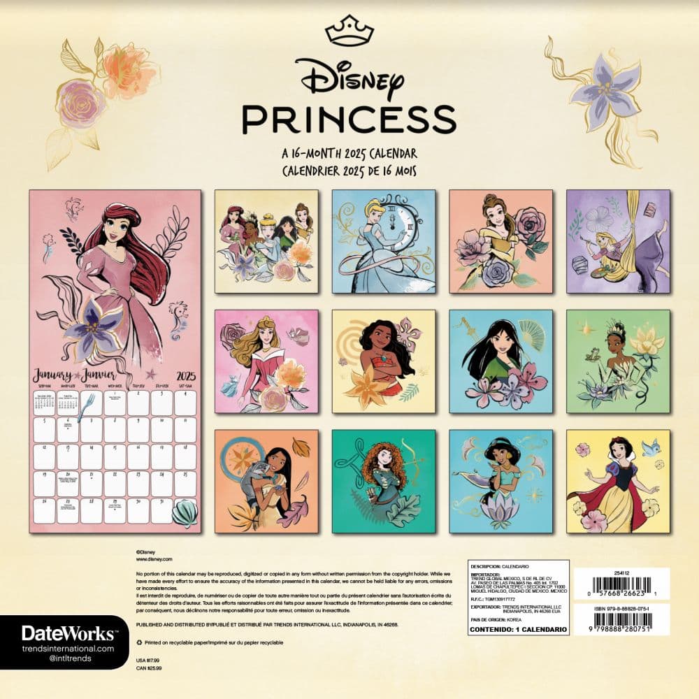 Disney Princess 2025 Wall Calendar Alt1