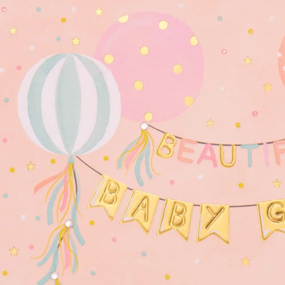 Baby Girl Banners &amp; Balloons New Baby Card close up