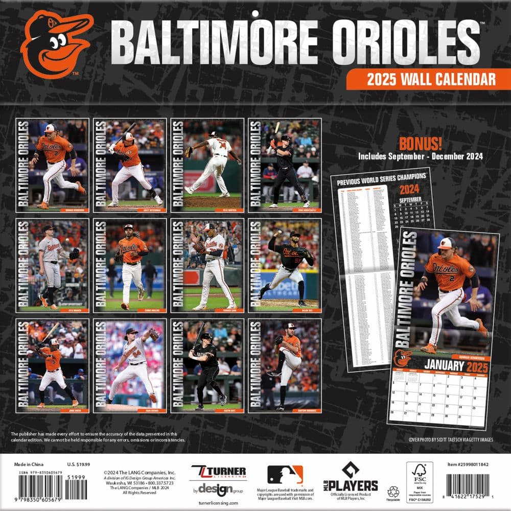 MLB Baltimore Orioles 2025 Wall Calendar First Alternate Image