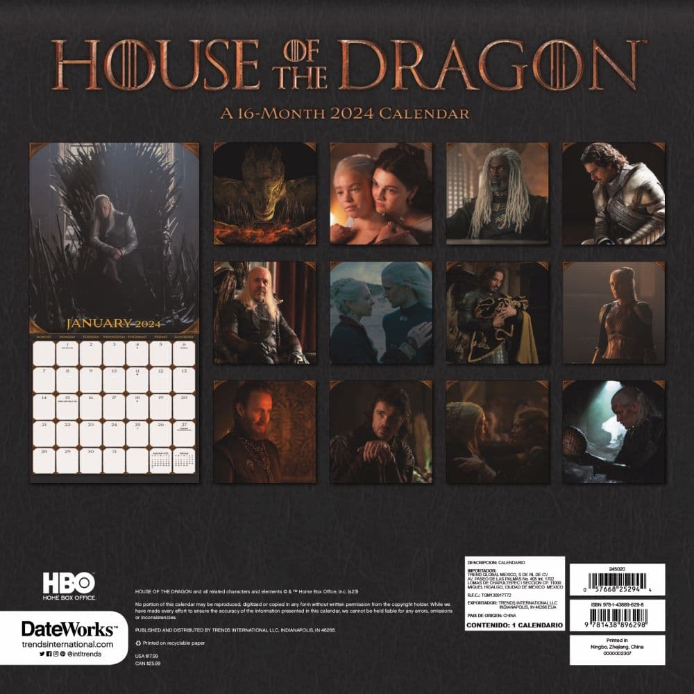 Game of Thrones House of Dragon 2024 Wall Calendar Alternate Image 2