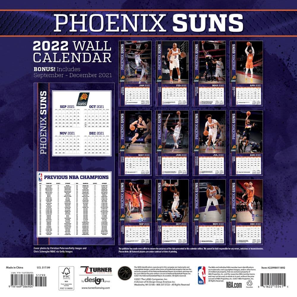 NBA Phoenix Suns 2022 Wall Calendar - Calendars.com
