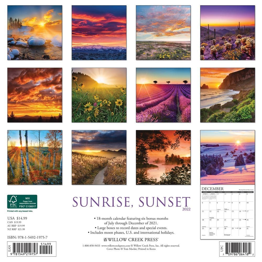 SUNRISES AND SUNSETS 2021 WALL CALENDAR 12 MONTH 12" X 12" 