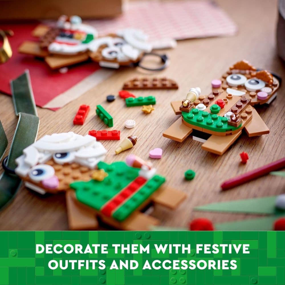 LEGO Gingerbread Ornaments on a table