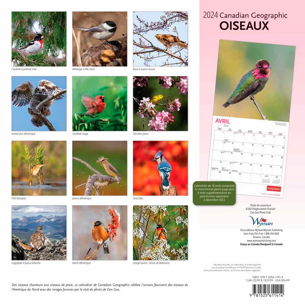 Canadian Geographic Oiseaux 2024 Wall Calendar back