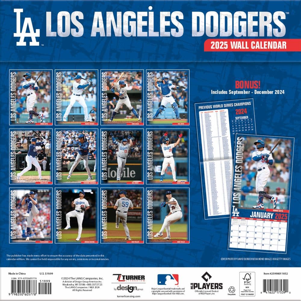 MLB Los Angeles Dodgers 2025 Wall Calendar back cover