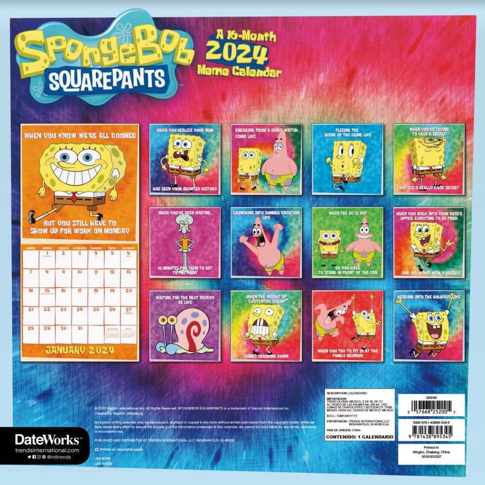 SpongeBob Squarepants 2024 Movie 2024 Wall Calendar Alt1