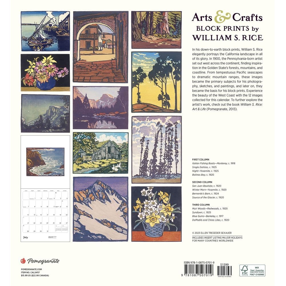 William Rice Arts and Craft 2024 Wall Calendar