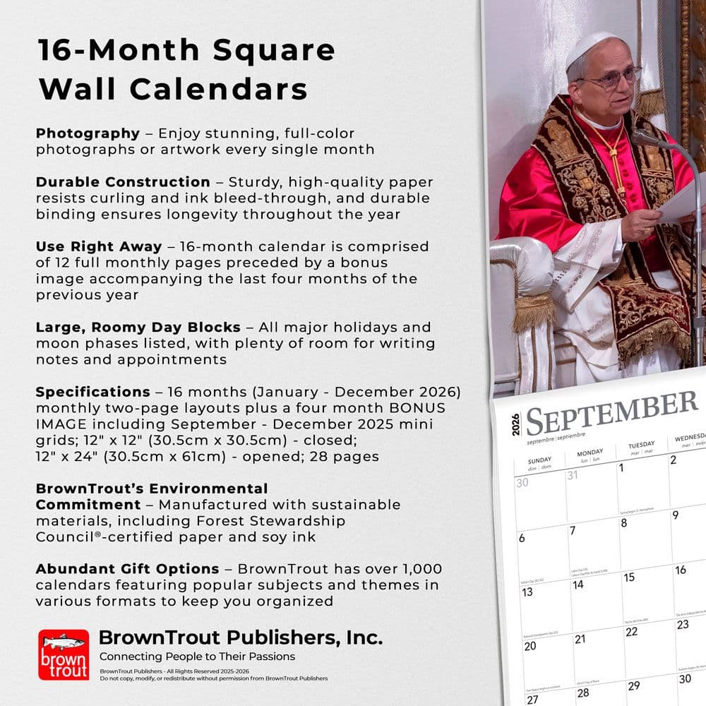 Pope Leo 2026 Wall Calendar Fifth Alternate Image