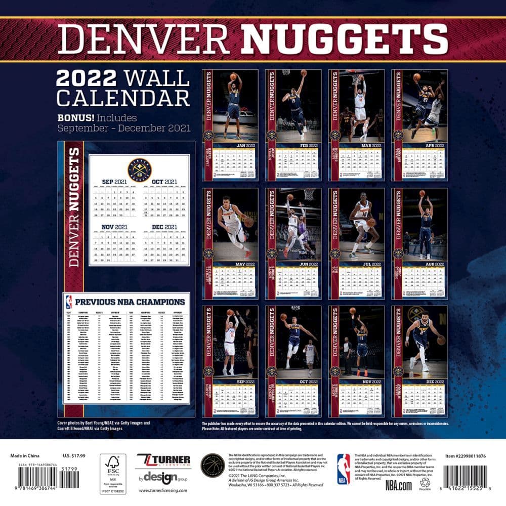 Nuggets Schedule 2022 Denver Nuggets 2022 Wall Calendar - Calendars.com