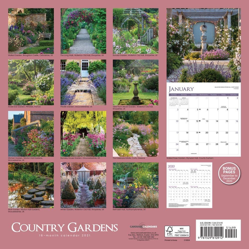 Country Gardens 2020 Wall Calendar 12" x 12" Flowers & Bouquets
