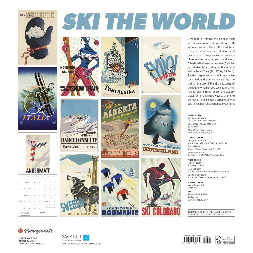 Ski the World 2025 Wall Calendar