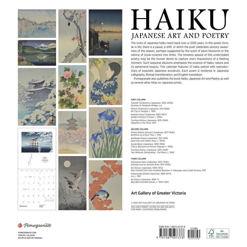 Haiku Japanese Art & Poetry 2024 Wall Calendar