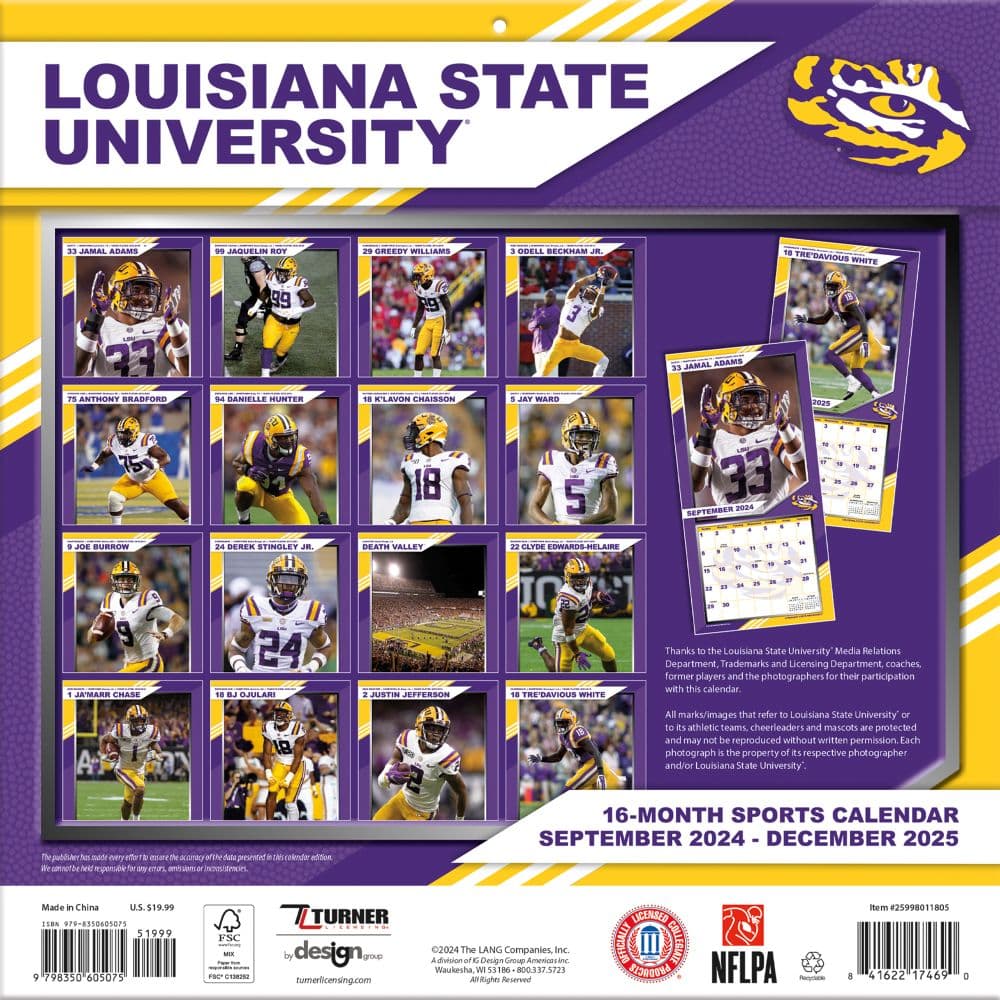 Louisiana State University Tigers 2025 Wall Calendar