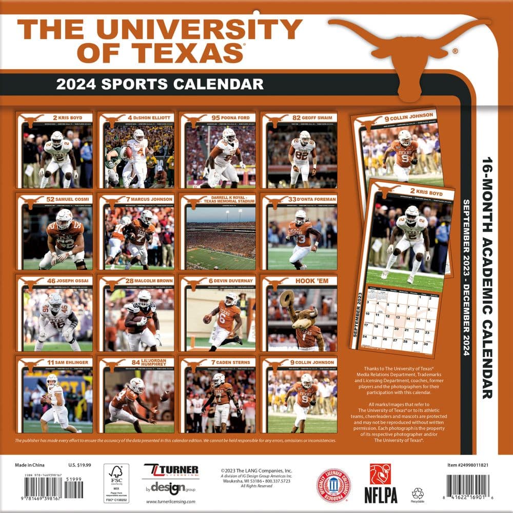 COL Texas Longhorns 2024 Wall Calendar