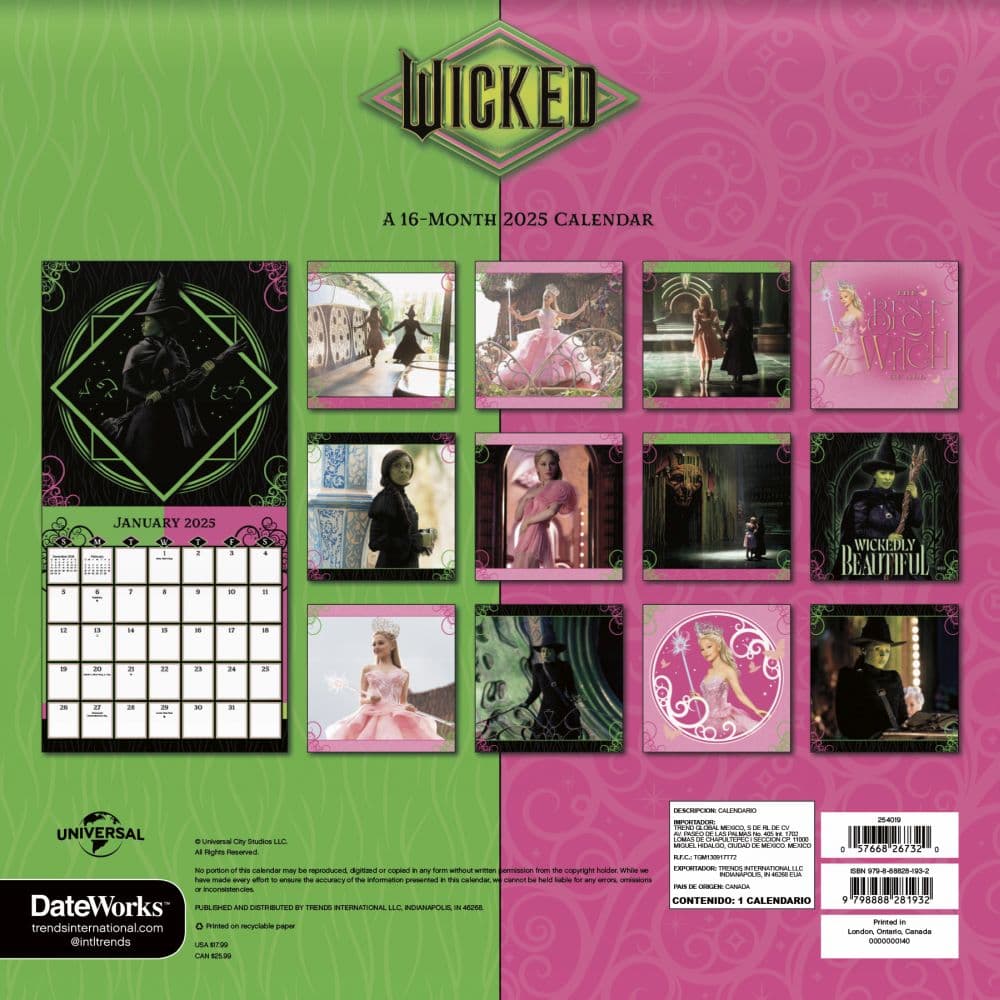 Wicked Movie Elphaba and Glinda 2025 Wall Calendar Alt3