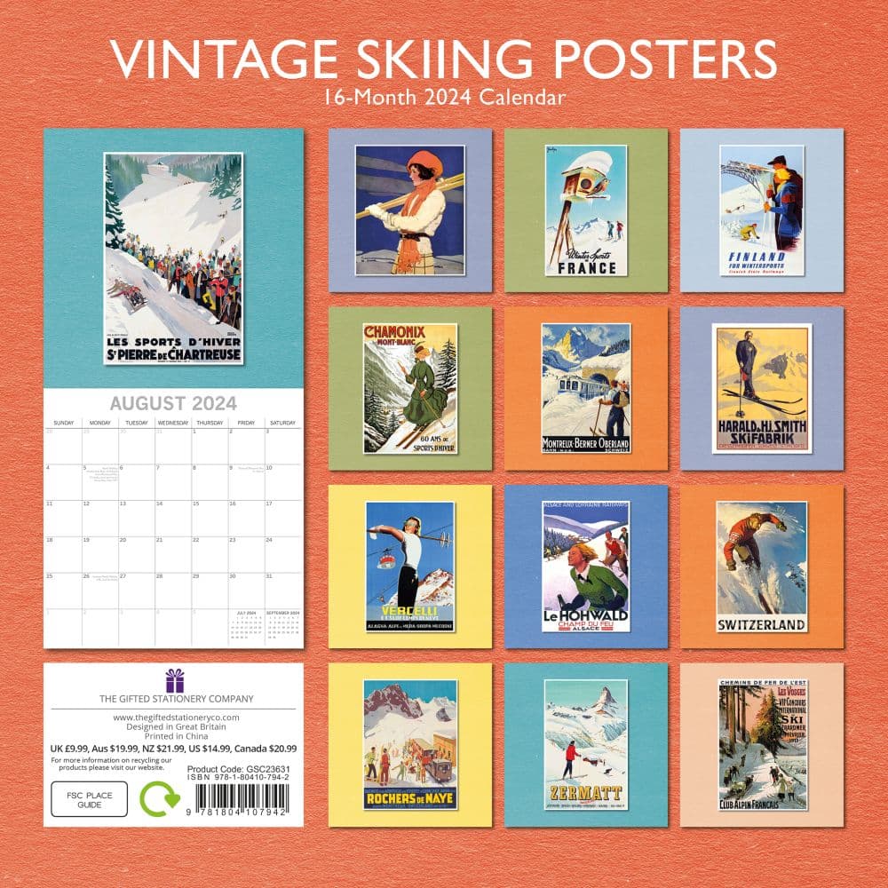 Skiing Posters Vintage 2024 Wall Calendar Back Cover