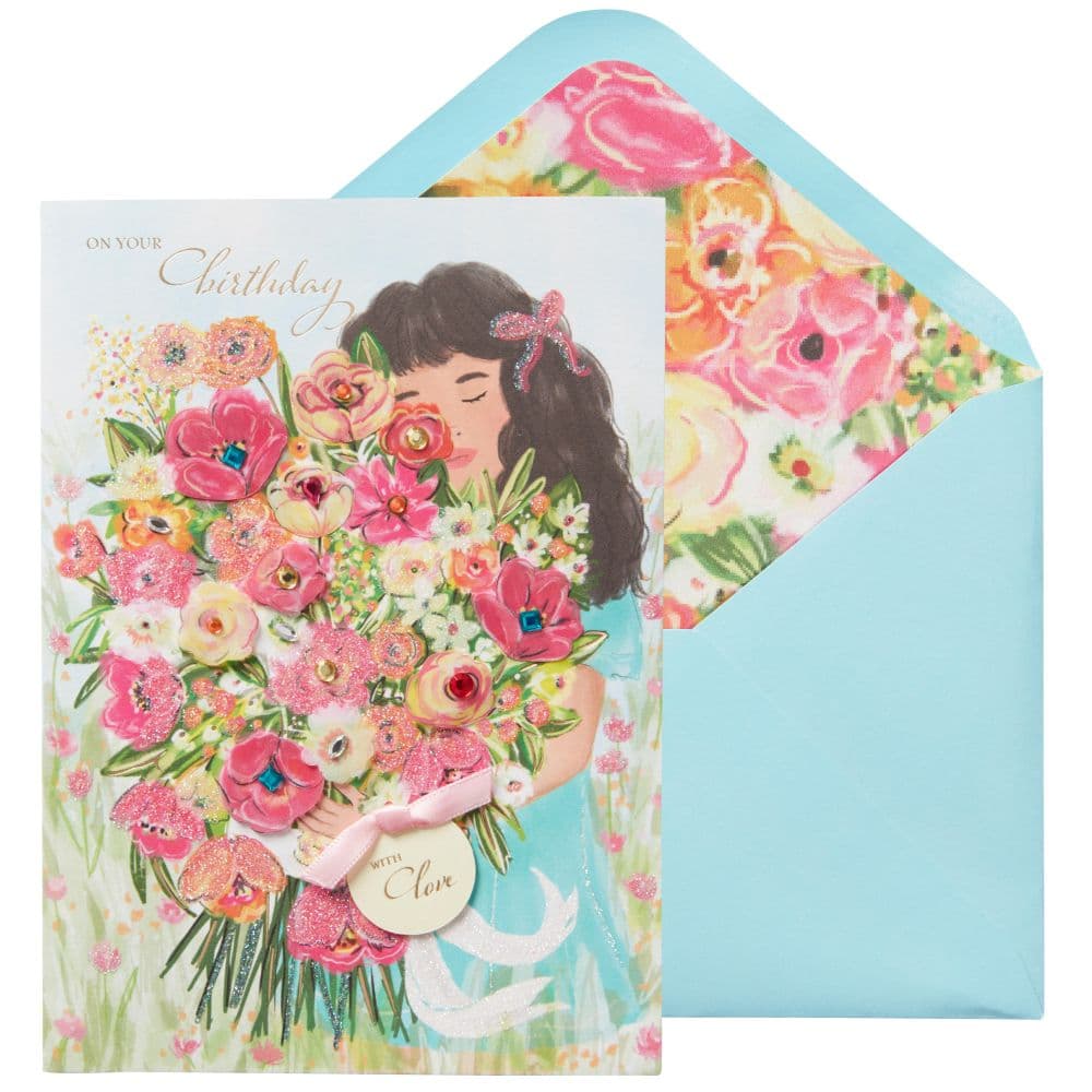 Girl with Birthday Bouquet Birthday Card Main Product Image width=&quot;1000&quot; height=&quot;1000&quot;