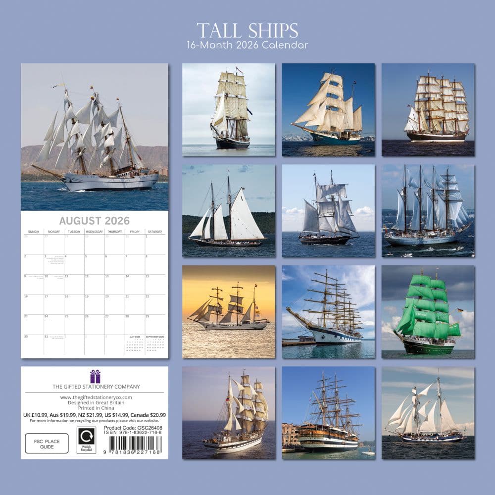 Tall Ships 2026 Wall Calendar, 12'' X 12'', 16-Month Calendar with Stapled Binding