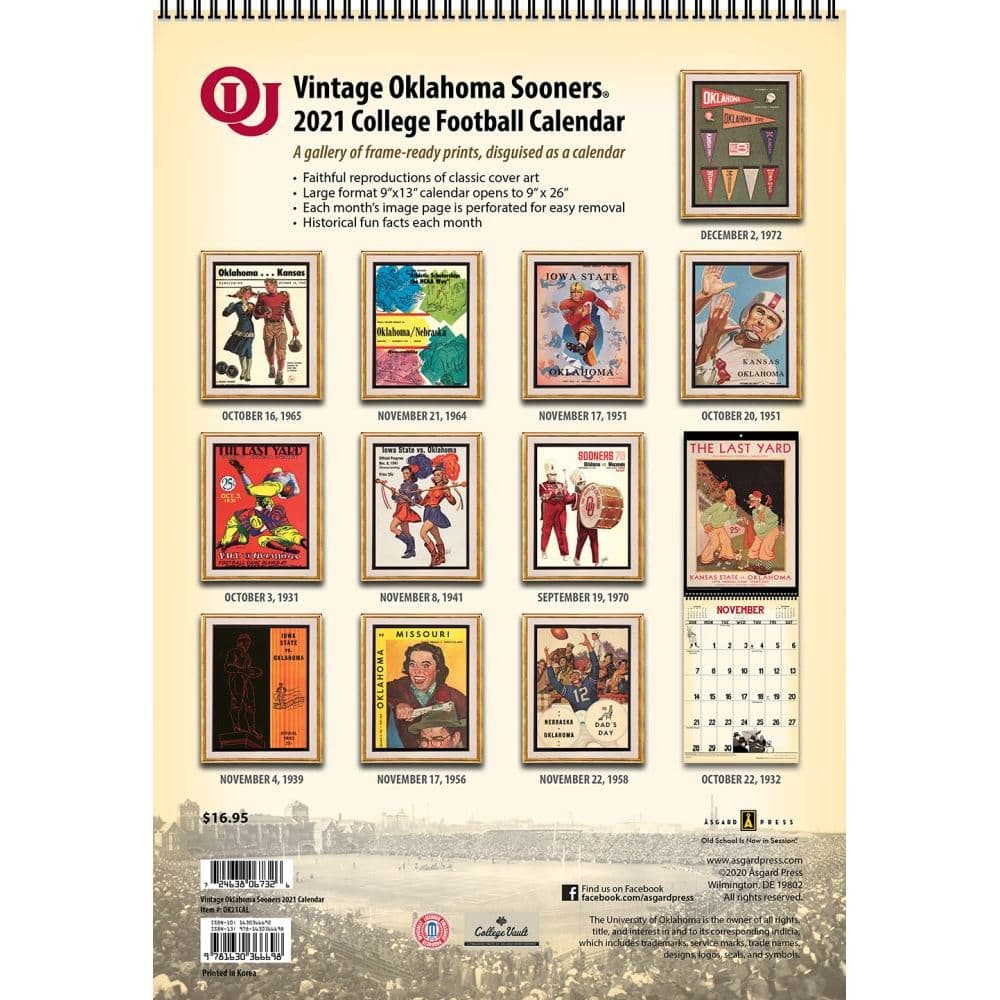 Oklahoma Vintage Football Wall Calendar - Calendars.com