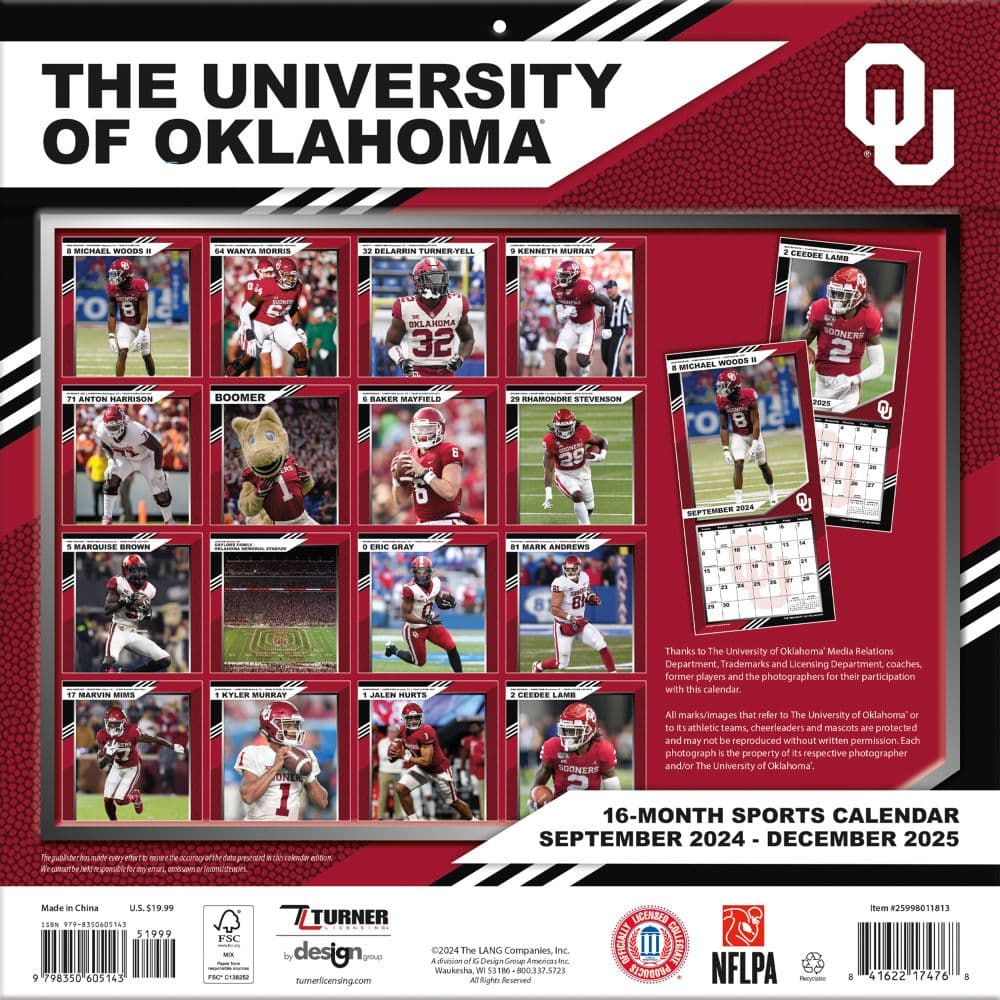 COL Oklahoma Sooners 2025 Wall Calendar Fifth Alternate