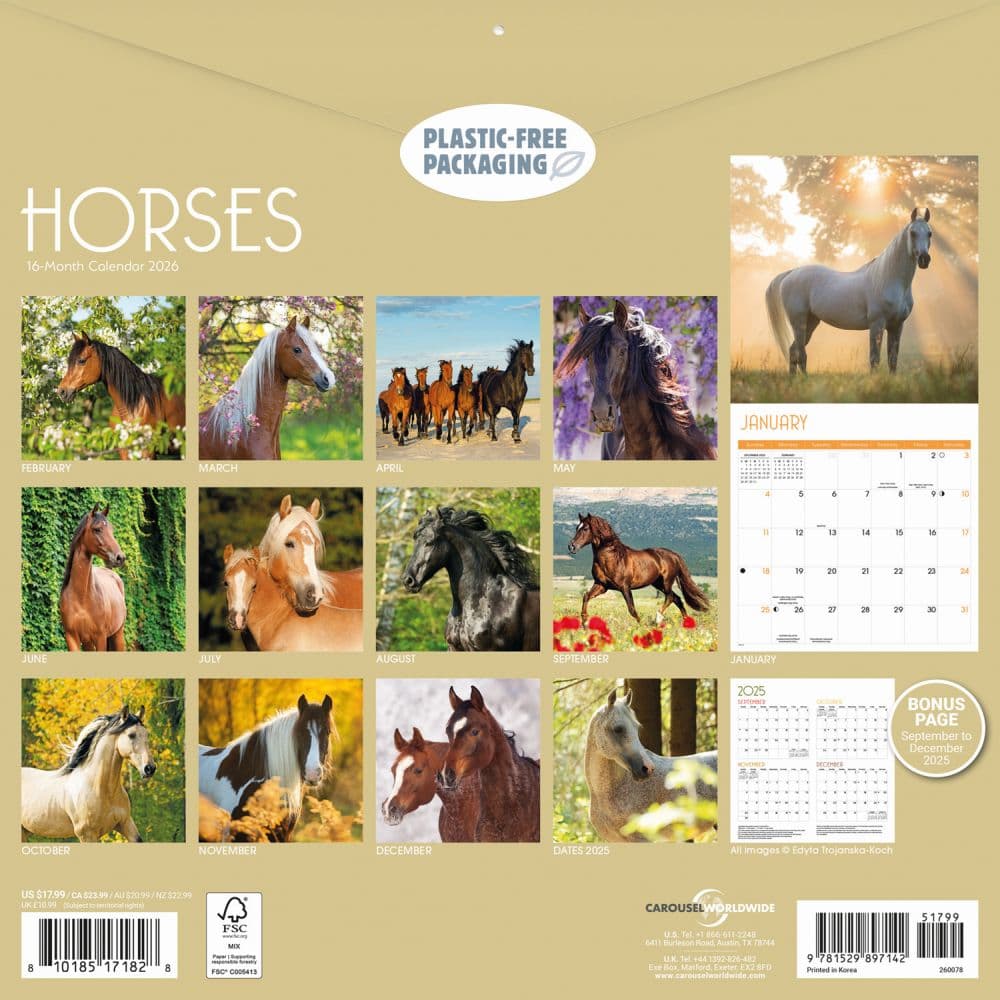 Horses 2026 Wall Calendar, 12.01'' X 12.01'', 16-Month Calendar with Stapled Binding