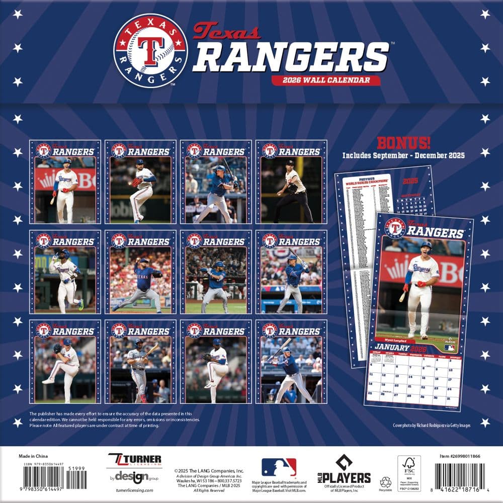 MLB Texas Rangers 2026 Wall Calendar First Alternate Image