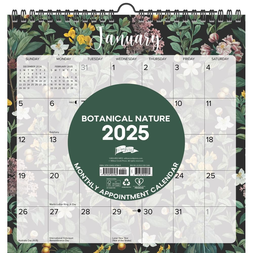 Botanical Nature Spiral Art 2025 Wall Calendar