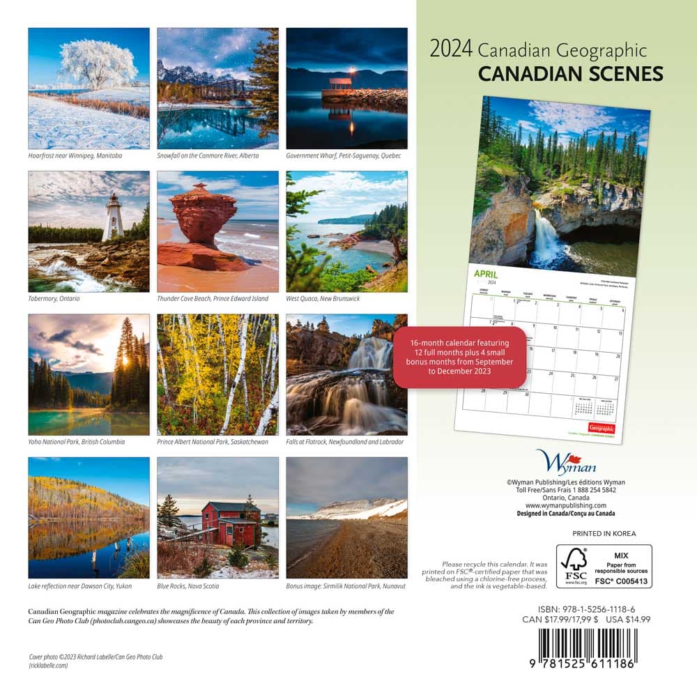 Canadian Geographic Canadian Scenes 2024 Wall Calendar back