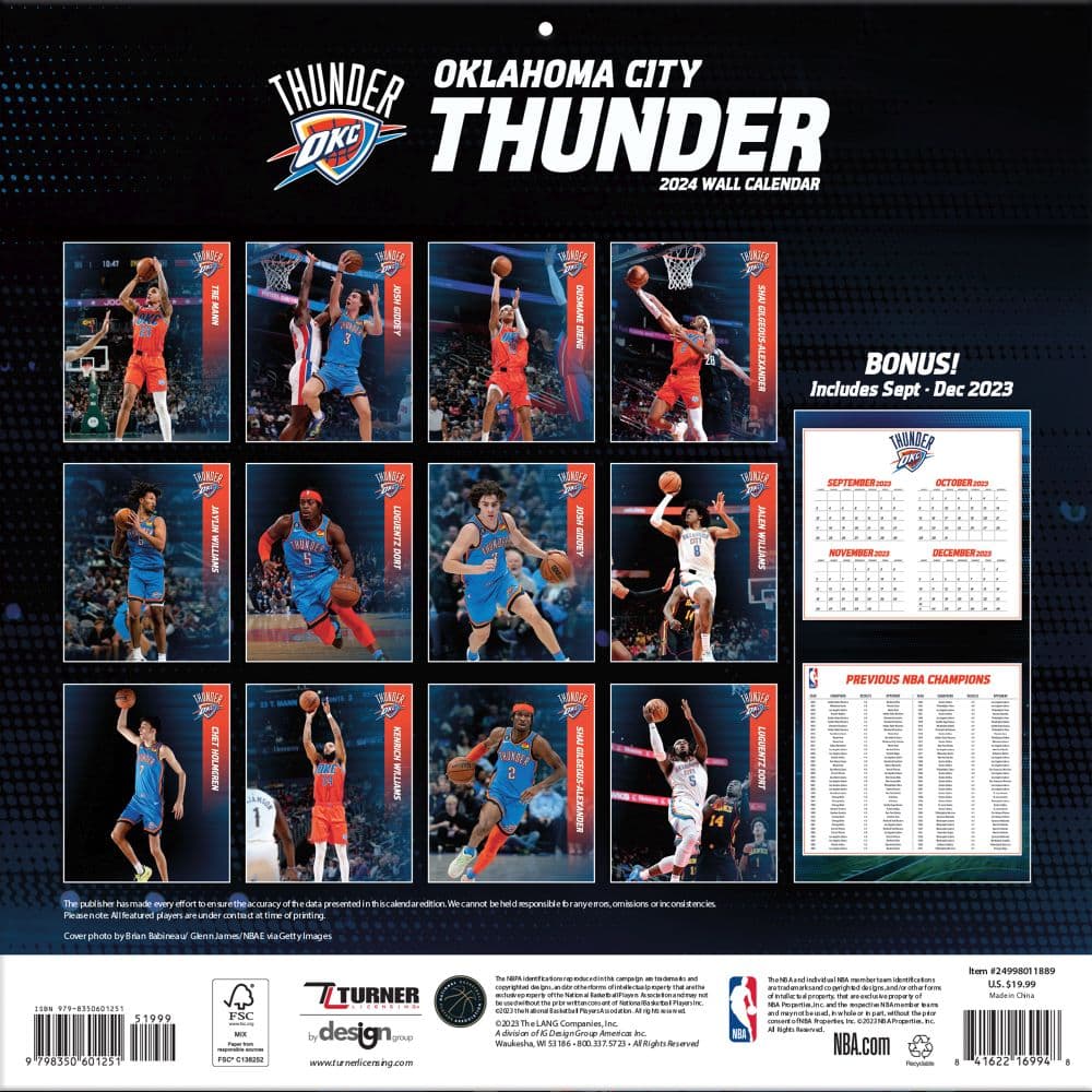 Oklahoma City Thunder 2024 Wall Calendar